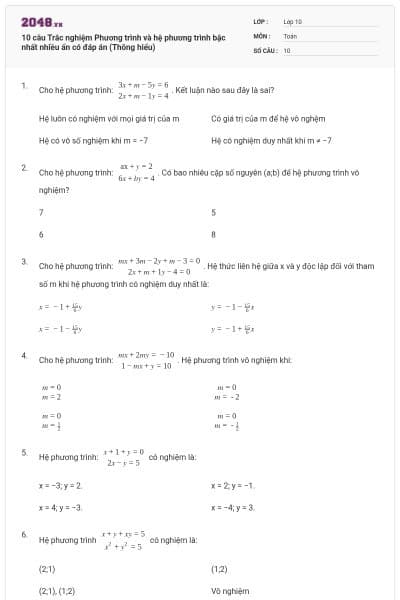 10 câu  Trắc nghiệm Phương trình và hệ phương trình bậc nhất nhiều ẩn có đáp án (Thông hiểu)