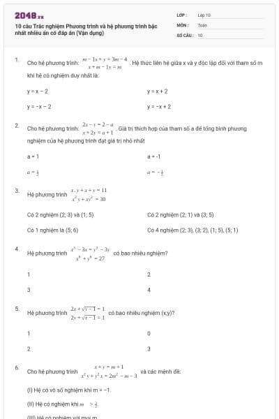 10 câu  Trắc nghiệm Phương trình và hệ phương trình bậc nhất nhiều ẩn có đáp án (Vận dụng)