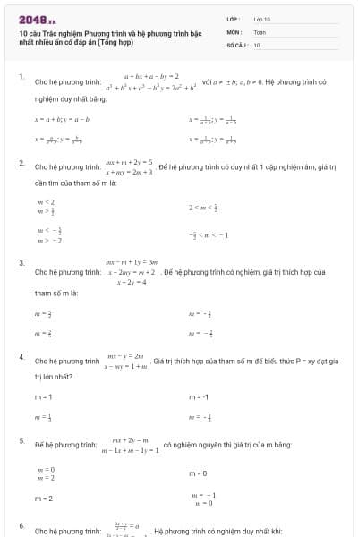 10 câu Trắc nghiệm Phương trình và hệ phương trình bậc nhất nhiều ẩn có đáp án (Tổng hợp)