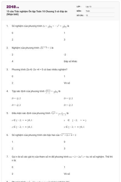 15 câu  Trắc nghiệm Ôn tập Toán 10 Chương 3 có đáp án (Nhận biết)