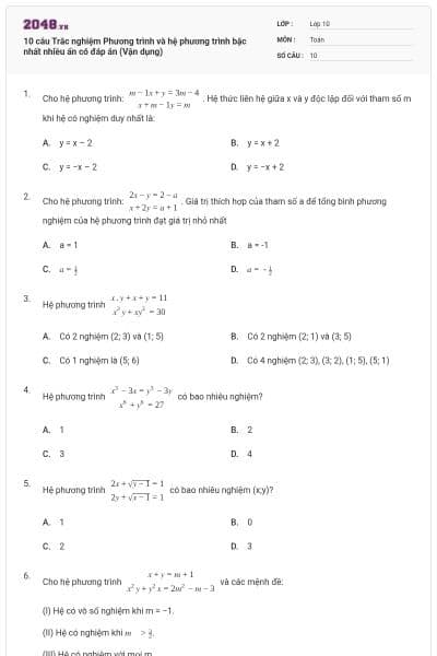10 câu Trắc nghiệm Phương trình và hệ phương trình bậc nhất nhiều ẩn có đáp án (Vận dụng)