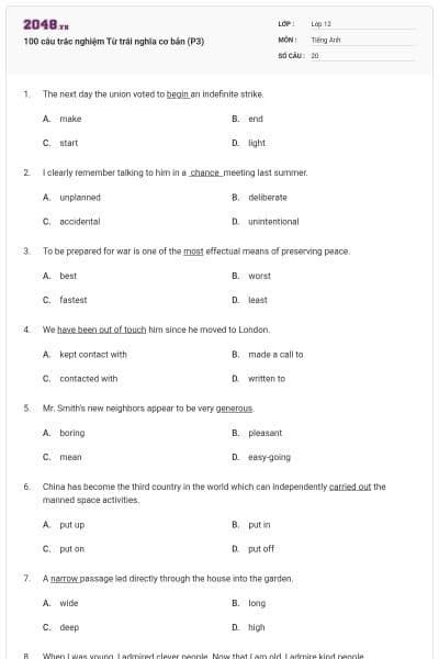 100 câu trắc nghiệm Từ trái nghĩa cơ bản (P3)