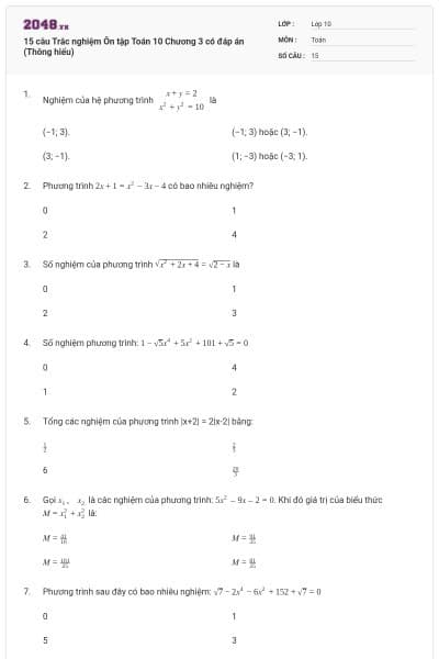 15 câu Trắc nghiệm Ôn tập Toán 10 Chương 3 có đáp án (Thông hiểu)