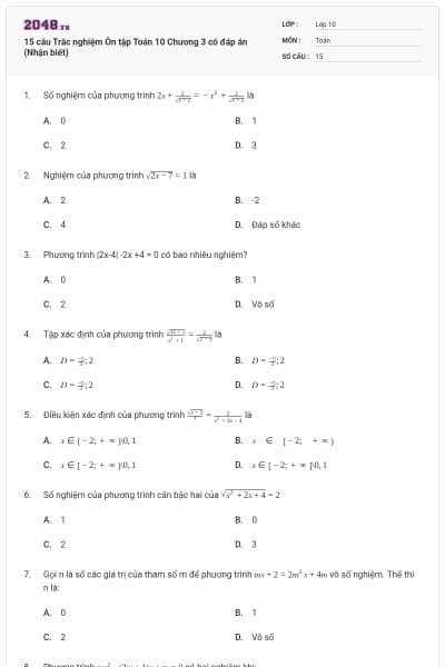 15 câu  Trắc nghiệm Ôn tập Toán 10 Chương 3 có đáp án (Nhận biết)