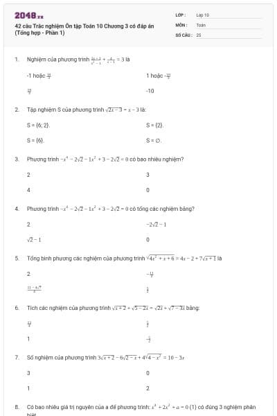 42 câu Trắc nghiệm Ôn tập Toán 10 Chương 3 có đáp án (Tổng hợp - Phần 1)