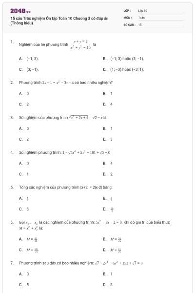 15 câu Trắc nghiệm Ôn tập Toán 10 Chương 3 có đáp án (Thông hiểu)