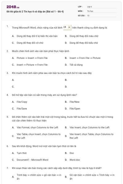 Đề thi giữa kì 2 Tin học 6 có đáp án (Bài số 1 - Đề 4)