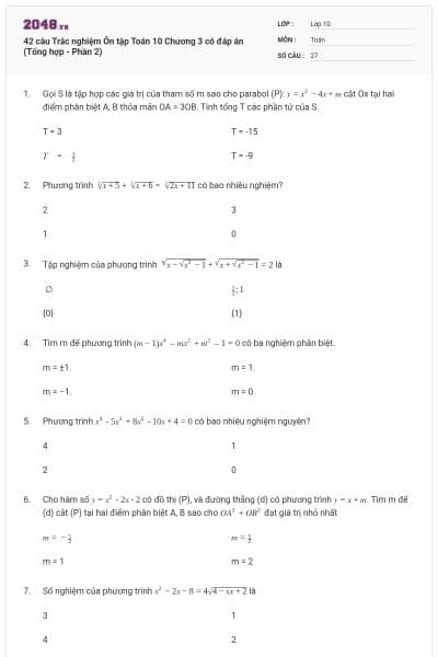 42 câu Trắc nghiệm Ôn tập Toán 10 Chương 3 có đáp án (Tổng hợp - Phần 2)