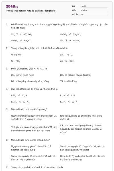 10 câu Trắc nghiệm Nitơ có đáp án (Thông hiểu)