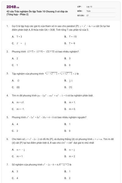 42 câu Trắc nghiệm Ôn tập Toán 10 Chương 3 có đáp án (Tổng hợp - Phần 2)