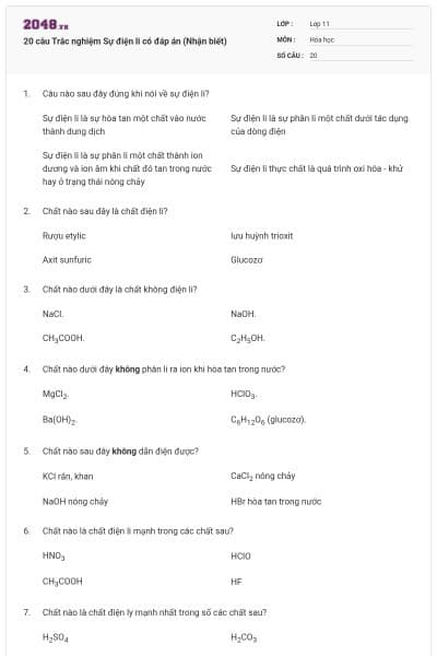 20 câu Trắc nghiệm Sự điện li có đáp án (Nhận biết)