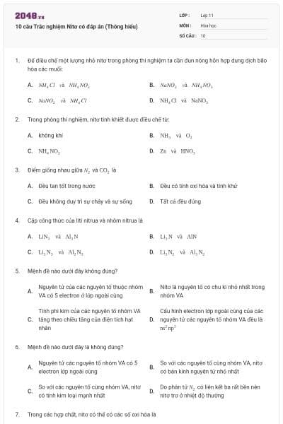 10 câu Trắc nghiệm Nitơ có đáp án (Thông hiểu)