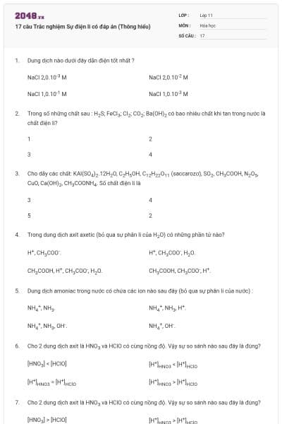 17 câu  Trắc nghiệm Sự điện li có đáp án (Thông hiểu)
