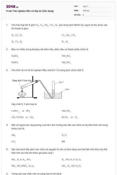 8 câu  Trắc nghiệm Nitơ có đáp án (Vận dụng)