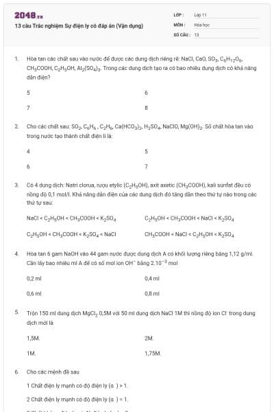 13 câu  Trắc nghiệm Sự điện ly có đáp án (Vận dụng)