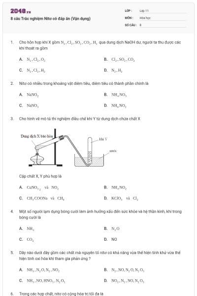 8 câu  Trắc nghiệm Nitơ có đáp án (Vận dụng)
