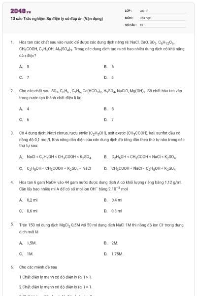 13 câu  Trắc nghiệm Sự điện ly có đáp án (Vận dụng)