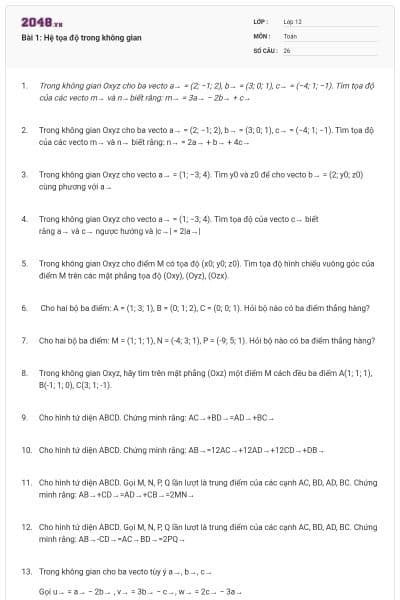 Bài 1: Hệ tọa độ trong không gian