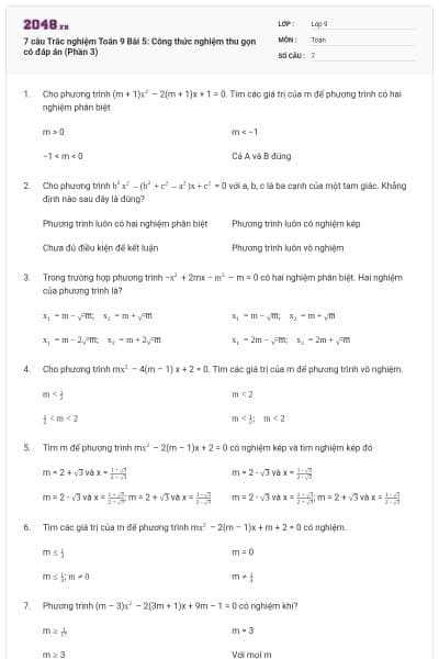 7 câu Trắc nghiệm Toán 9 Bài 5: Công thức nghiệm thu gọn có đáp án (Phần 3)