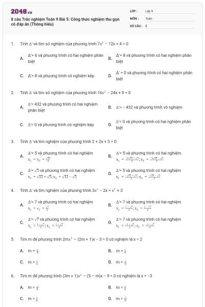 8 câu Trắc nghiệm Toán 9 Bài 5: Công thức nghiệm thu gọn có đáp án (Thông hiểu)