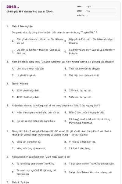 Đề thi giữa kì 1 Văn lớp 9 có đáp án (Đề 4)