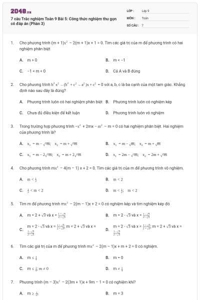 7 câu Trắc nghiệm Toán 9 Bài 5: Công thức nghiệm thu gọn có đáp án (Phần 3)