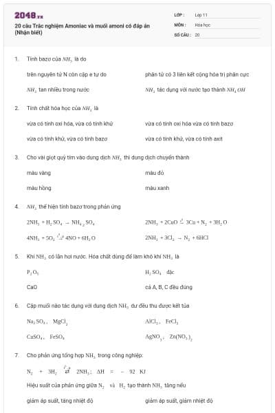 20 câu Trắc nghiệm Amoniac và muối amoni có đáp án (Nhận biết)