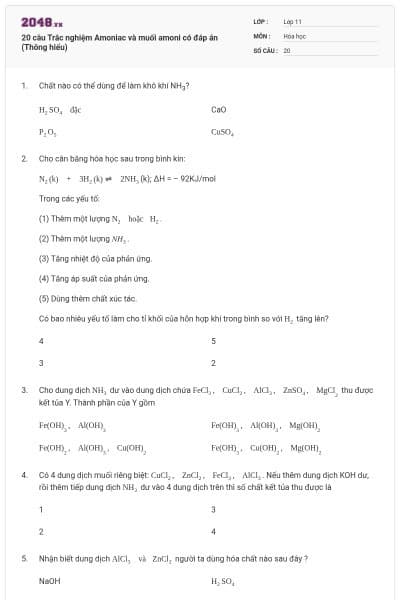 20 câu Trắc nghiệm Amoniac và muối amoni có đáp án (Thông hiểu)