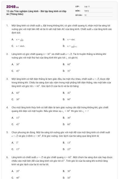 12 câu Trắc nghiệm Lăng kính - Bài tập lăng kính có đáp án (Thông hiểu)