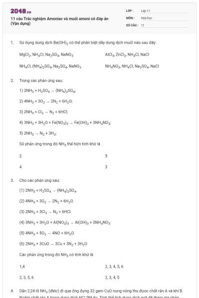 11 câu  Trắc nghiệm Amoniac và muối amoni có đáp án (Vận dụng)