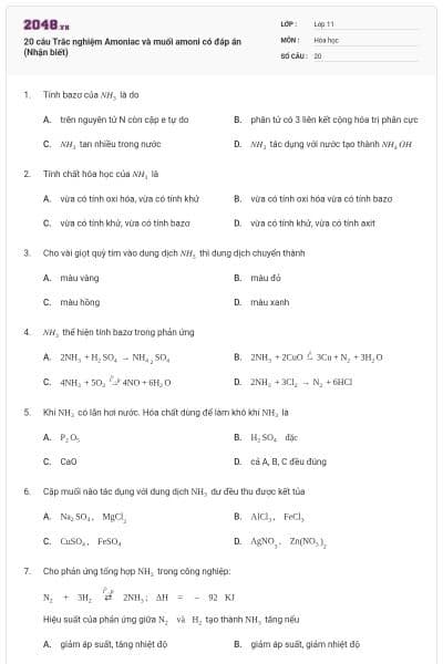 20 câu Trắc nghiệm Amoniac và muối amoni có đáp án (Nhận biết)