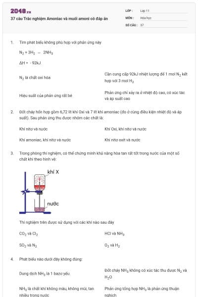37 câu Trắc nghiệm Amoniac và muối amoni có đáp án
