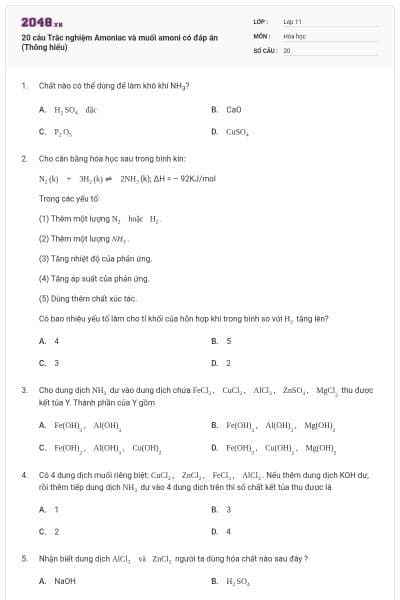 20 câu Trắc nghiệm Amoniac và muối amoni có đáp án (Thông hiểu)
