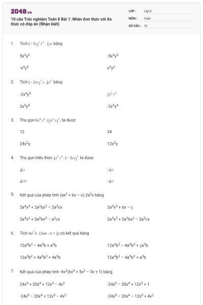 10 câu Trắc nghiệm Toán 8 Bài 1: Nhân đơn thức với đa thức có đáp án (Nhận biết)