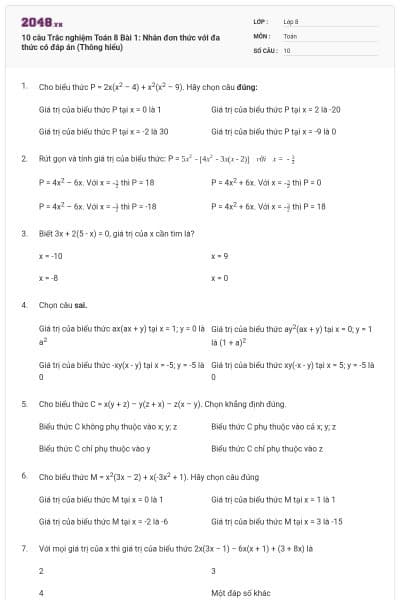 10 câu Trắc nghiệm Toán 8 Bài 1: Nhân đơn thức với đa thức có đáp án (Thông hiểu)