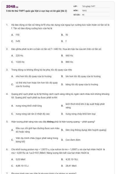 5 Đề thi thử THPT quốc gia Vật Lí cực hay có lời giải (Đề 2)