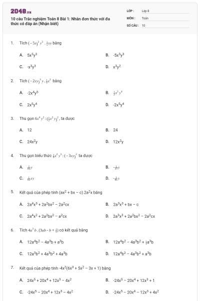 10 câu Trắc nghiệm Toán 8 Bài 1: Nhân đơn thức với đa thức có đáp án (Nhận biết)