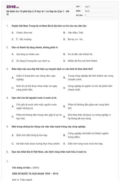 Đề kiểm tra 15 phút Địa Lí 9 Học kì 1 có đáp án (Lần 1 - Đề 3)