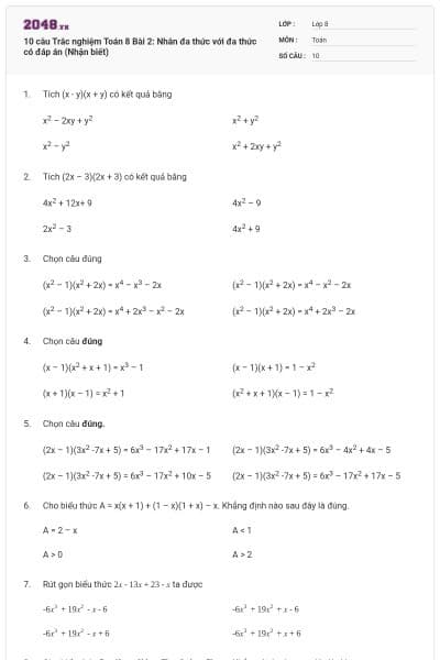 10 câu Trắc nghiệm Toán 8 Bài 2: Nhân đa thức với đa thức có đáp án (Nhận biết)
