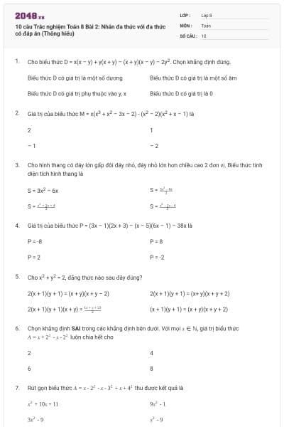 10 câu Trắc nghiệm Toán 8 Bài 2: Nhân đa thức với đa thức có đáp án (Thông hiểu)