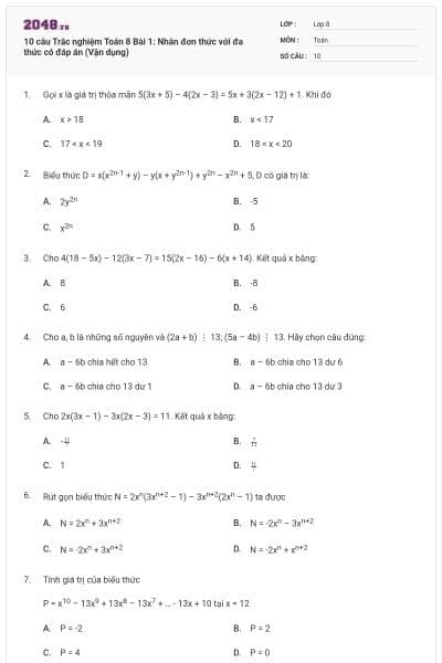 10 câu Trắc nghiệm Toán 8 Bài 1: Nhân đơn thức với đa thức có đáp án (Vận dụng)