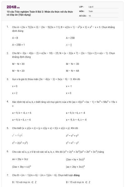 10 câu Trắc nghiệm Toán 8 Bài 2: Nhân đa thức với đa thức có đáp án (Vận dụng)