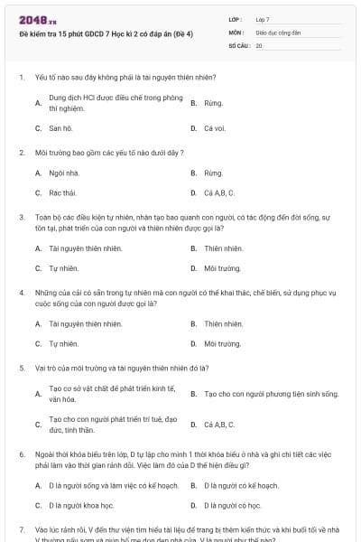 Đề kiểm tra 15 phút GDCD 7 Học kì 2 có đáp án (Đề 4)