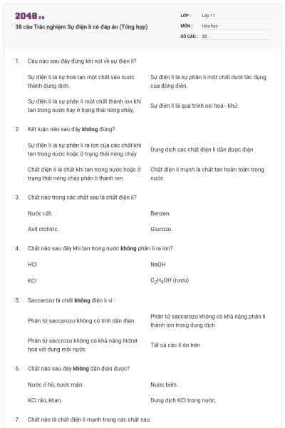 38 câu  Trắc nghiệm Sự điện li có đáp án (Tổng hợp)