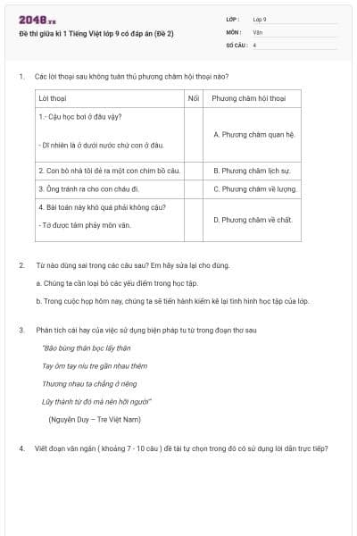 Đề thi giữa kì 1 Tiếng Việt lớp 9 có đáp án (Đề 2)