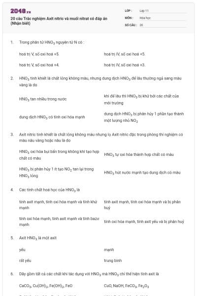 20 câu Trắc nghiệm Axit nitric và muối nitrat có đáp án (Nhận biết)