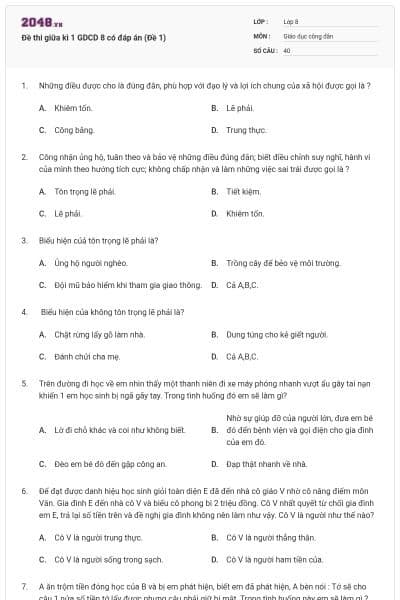 Đề thi giữa kì 1 GDCD 8 có đáp án (Đề 1)