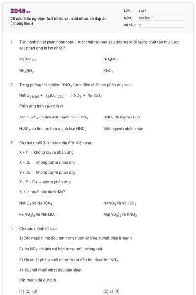 20 câu Trắc nghiệm Axit nitric và muối nitrat có đáp án (Thông hiểu)