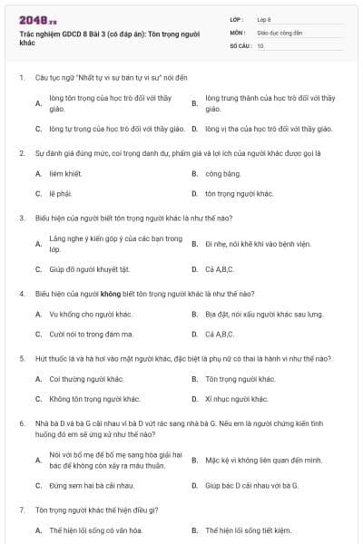 Trắc nghiệm GDCD 8 Bài 3 (có đáp án): Tôn trọng người khác