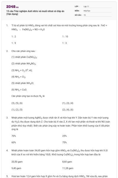15 câu Trắc nghiệm Axit nitric và muối nitrat có đáp án (Vận dụng)